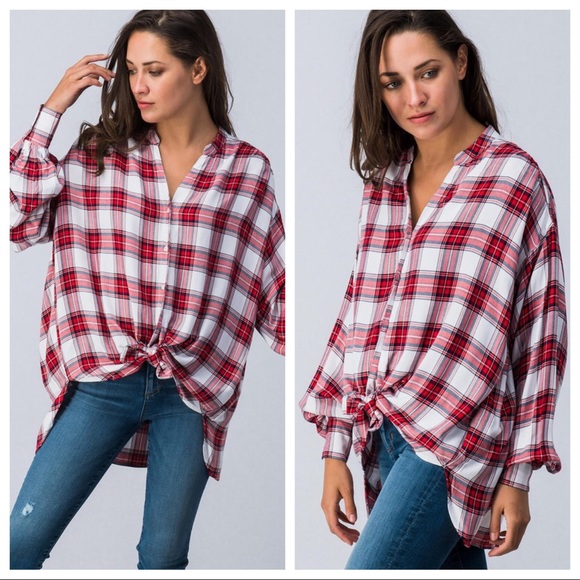 LAST SALE‼️ Plaid Tie Front Blouse - Picture 4 of 5